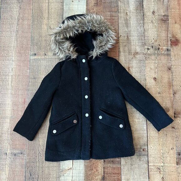 Faux Fur Hooded Black Coat With Snap Buttons & Pockets - Picture 1 of 10